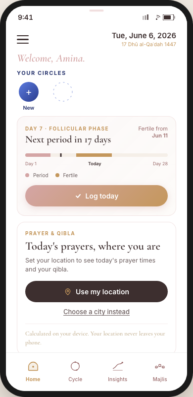 Noor app home screen showing cycle day, phase, and today's prayer guidance